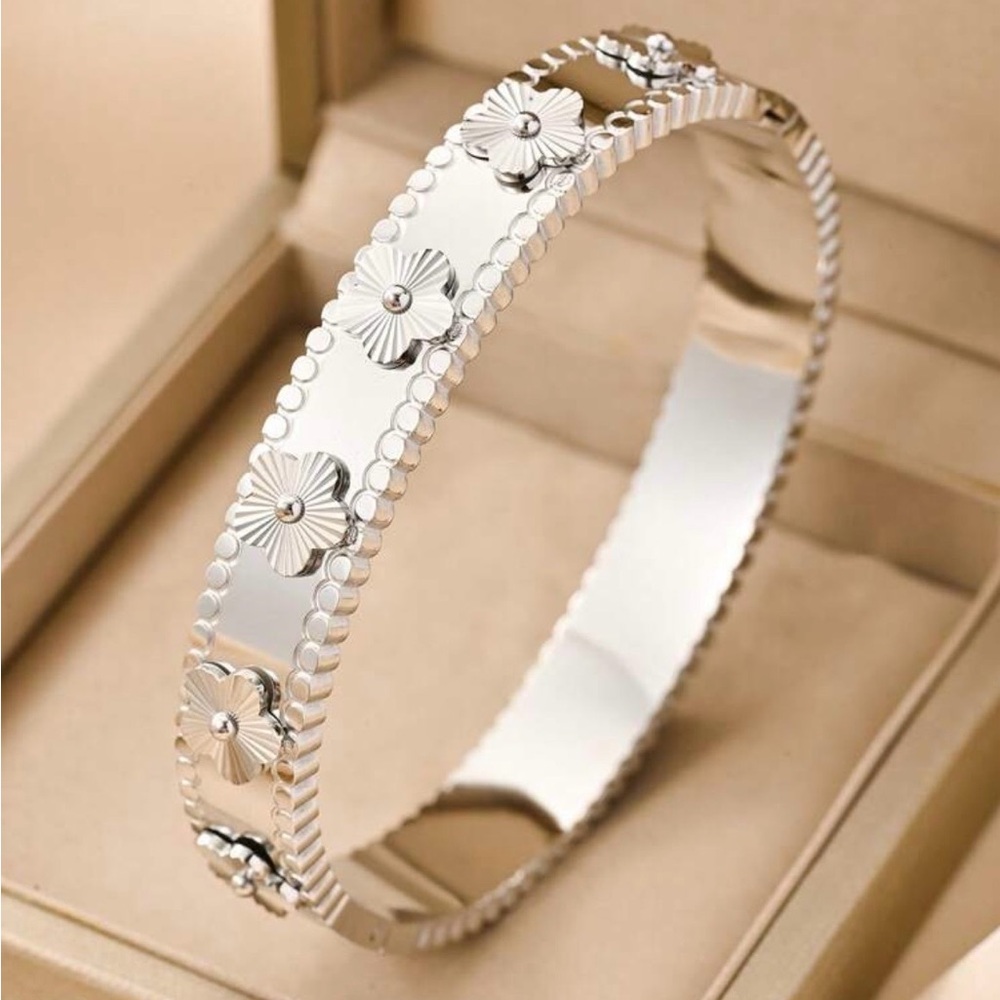 Elegant Stainless Steel Silver-Tone Floral & Beaded Bracelet Set - Picture 2 of 3